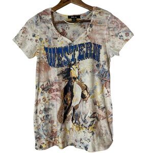 Style & Co Y2k All Over Print Henley Shirt Sz S Western Rodeo Cowgirl Equestrian